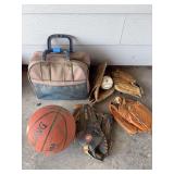 Bowling ball, basketball and baseball gloves