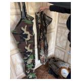 Camo clothing, Cabela’s size medium, fleece pants overalls size unknown, and jacket size large