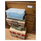 Four fishing tackle boxes and three drawers full of fishing miscellaneous