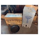 Little Chief smoker and Wenzel cast-iron cookware box with two cast iron skillets