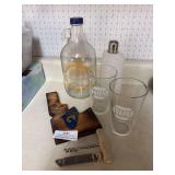 Bottle opener, wine opener, bar glasses, and growler
