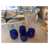 Large crystal vase, etched glass candy bowl, and four cobalt blue glass tumblers