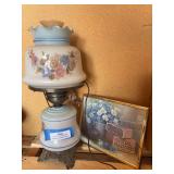 Vintage electrified oil lamp and advertising picture