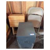 Two drawer file cabinet, folding chair and set of four TV Trays