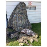 Pop-up hunting blind and miscellaneous camo clothing