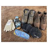 Men’s boots brand new Cabela’s size 9 1/2 D and pair of Solomon boots plus gloves, traction aids and insoles