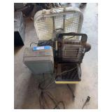 Assortment of heaters and fans, including Mr. heater