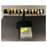 Glass trinket box w women’s watches including Embassy, Adolfo, Seiko, LA Gear, Timex, Elgin, Milan, Hamilton, Lorus, Waltham