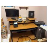 Computer desk, 2 drawer file cabinet, Kodak photo printer and paper, Polarois Spectra camera, paper shredder, LG monitor, HP Envy printer
