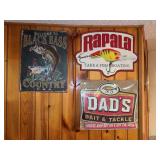 4 tin fishing signs and 2 Budweiser signs