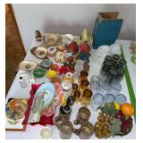 Drinking glasses, ceramic, comport w plastic fruit, milk glass, etc