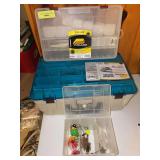 New Plano tackle box, plastic stowaway box, box of assorted spinners