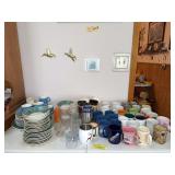 Stoneware dishes, drinking glasses, coffee mugs
