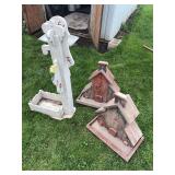 2 barn board bird feeders, and wood yard art "pump" planter