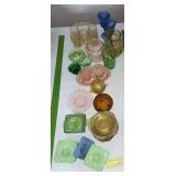 Colored glass includes pink, yellow, green, blue and 2 uranium glass refrigerator dishes, both w damage