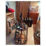 Fishing pole rack and assorted poles and reels