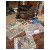 Lund boats canvas bag, fishing signs and 4 boxes of tackle
