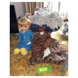 Basket of stuffed animals, 2 rope dolls, Mattel Mrs Beasley doll (string pulls but no sound) and china head doll