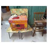 Easy Bake oven, Raggedy Ann play iron, child’s table w two chairs and baby doll high chair