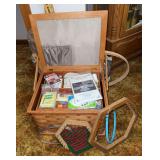 Large basket style sewing box w notions, yardstick, embroidery hoops, etc