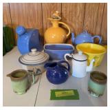 Frankoma, Fiesta teapot (lid chipped), Red Wing collectors piece, enamel teapot, refrigerator pitcher, etc