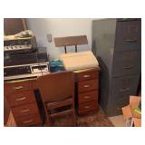 File cabinet, wood desk, typewriter and antique desk lamp NO STEREO