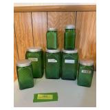 (5) Green glass Hoosier jars and (2) shakers