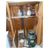 Oil lamp with oil and multiple shades, grinder, Cream City can, large Pyrex apothecary bottle, etc