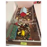 Vintage Tin Litho stock barn, grain bin, and hay shed, wood fence, plastic animals etc...