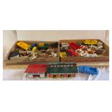 2 boxes of vintage playset accessories, Marx and Ohio art tin litho buildings