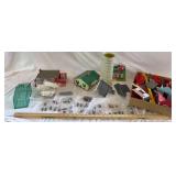 Assorted tin litho buildings, rubber and plastic farm implements and variety of accessories