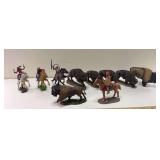 3 Britians mounted indians, Black Hawk metal bison, 5 plastic bison and metal Osage Warrior