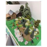 Indian attack on homestead diorama with 17 cast metal hand painted Minimen and other brands figures, landscaping and buildings
