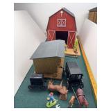 Traditional hip roof barn, chicken house, 2 horse and buggies and figures