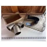 Galvanized decorative tray, wooden tote box, decorative bells, and candle holder