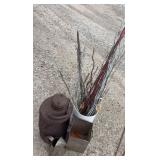 Primitive items, churn box, cream can, oil can, and decorative sticks