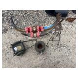 Steer horns and cast iron wagon plus vase