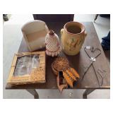 Antique crock, trinket box, vintage baking pan set, wall hanging towel rack, wooden shelf with drawer
