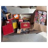 Large box of sports cards, vantage receipt book, playing cards, cigar box, etc.