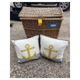 Large vintage laundry basket, and two nautical throw pillows