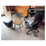 Office chairs, typewriter, file organization, and a light duty metal shelf plus large piece of slate