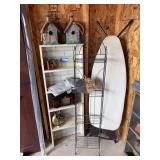 Wooden shelf, metal fold up shelf, ironing board, and decor knickknacks