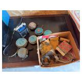 Vintage loggers tape measures, extra parts and box of Lumber crayons