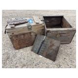 Wooden crate with handles and wooden box plus metal and tin nameplates
