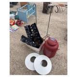 Reproduction red cream can, wall candle sconces, two small shepherds hooks and enamel light shades