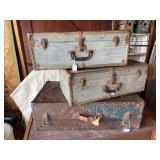 Vintage metal trunk, painted brown, and two small metal trunks