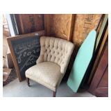 Very heavy, slate chalkboard, upholstered vintage armchair, and antique wooden ironing board