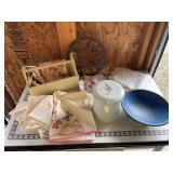 Wooden bowl painted blue, vintage hand embroidered linens, small wooden tote, enamel canister