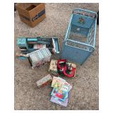 Vintage toy baby crib and vintage tin metal toy kitchen, kids books and games