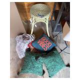 Vintage wicker stool, throw pillows and photography backdrops